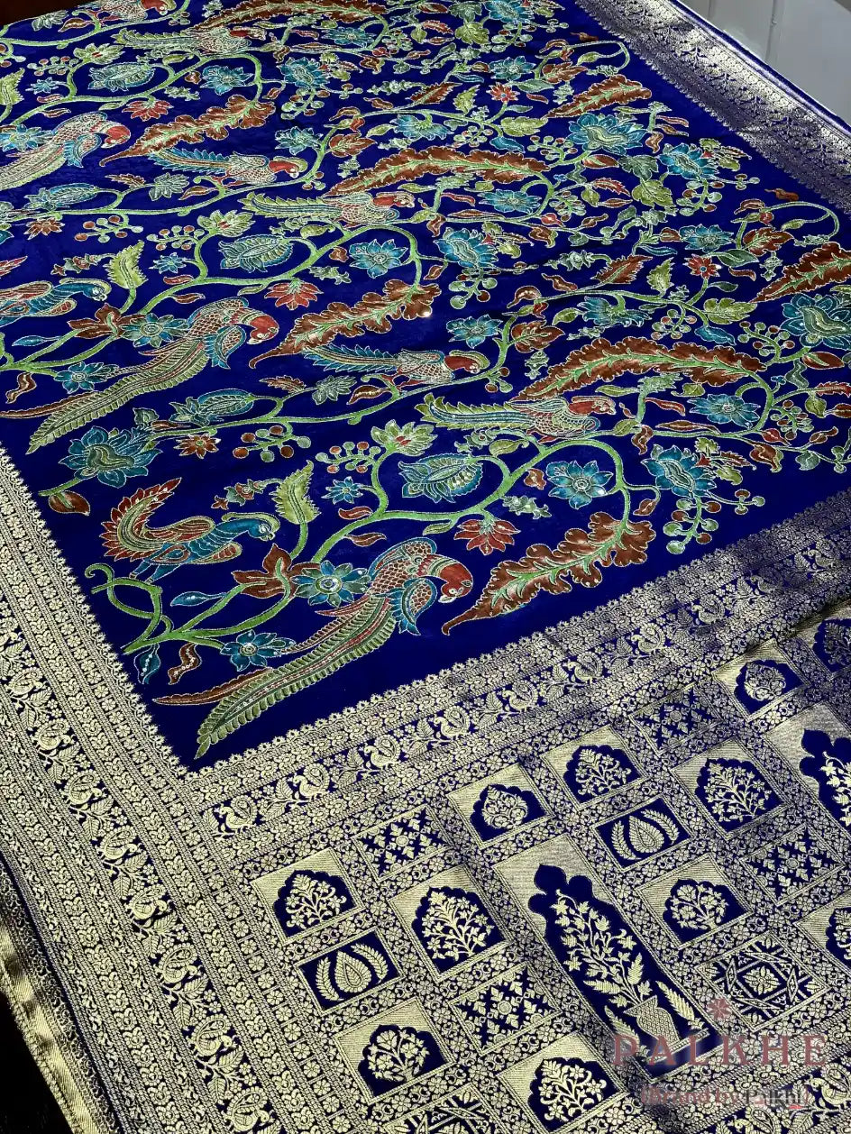 Royal Blue Peacock Motifs Gajji Silk Pashmina x Hand Embroidery