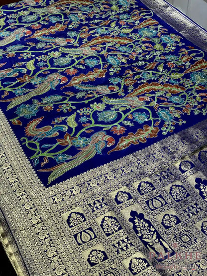Royal Blue Peacock Motifs Gajji Silk Pashmina x Hand Embroidery