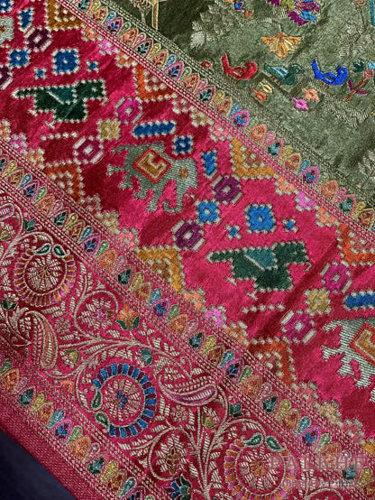Olive Green Pashmina Meenakari in Satin Silk
