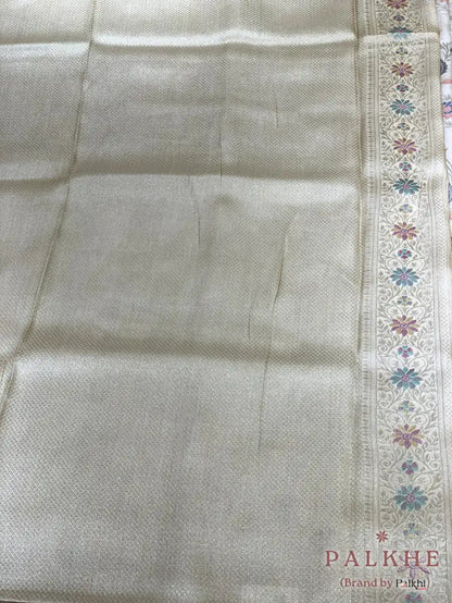 Off White Tussar Floral Jaal in Soft Silk