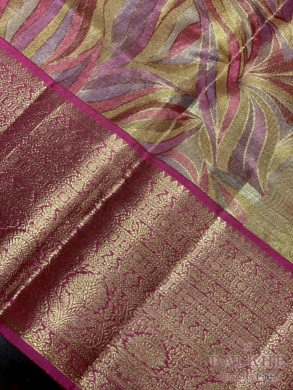Pink & Gold Kanjivaram Floral in Pure Tissue Silk