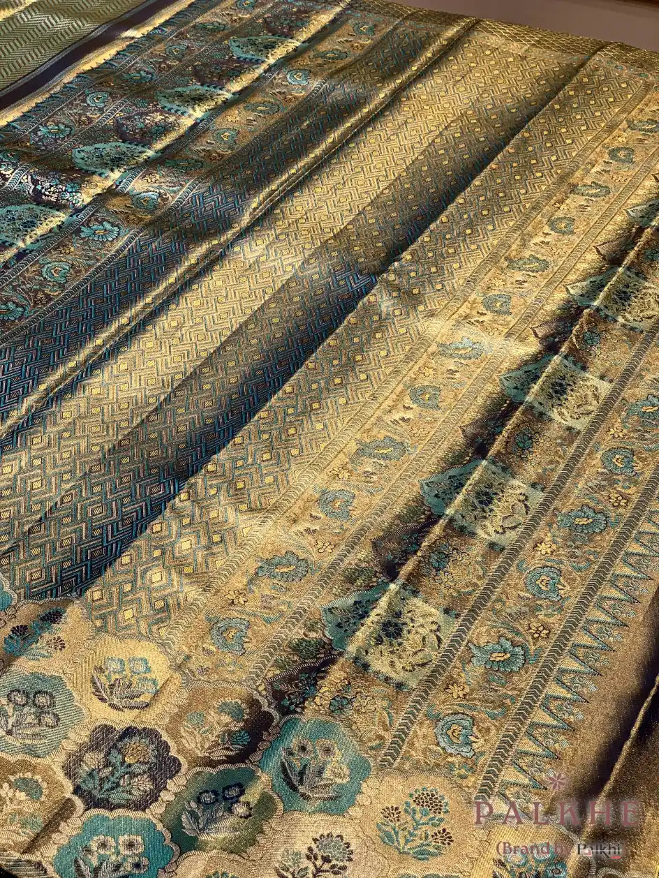 Aqua Blue Kanjivaram Brocade in Pure Tissue Silk