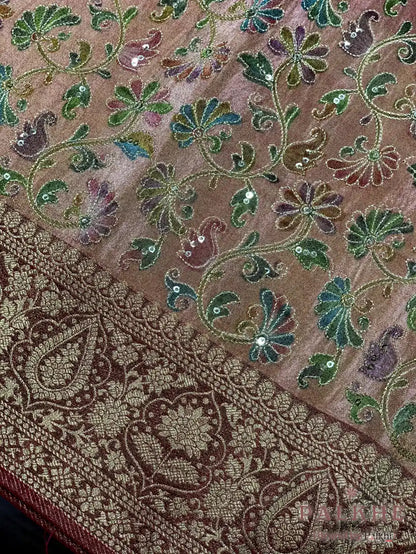 Peach Floral Motifs Banarasi x Hand Embroidery