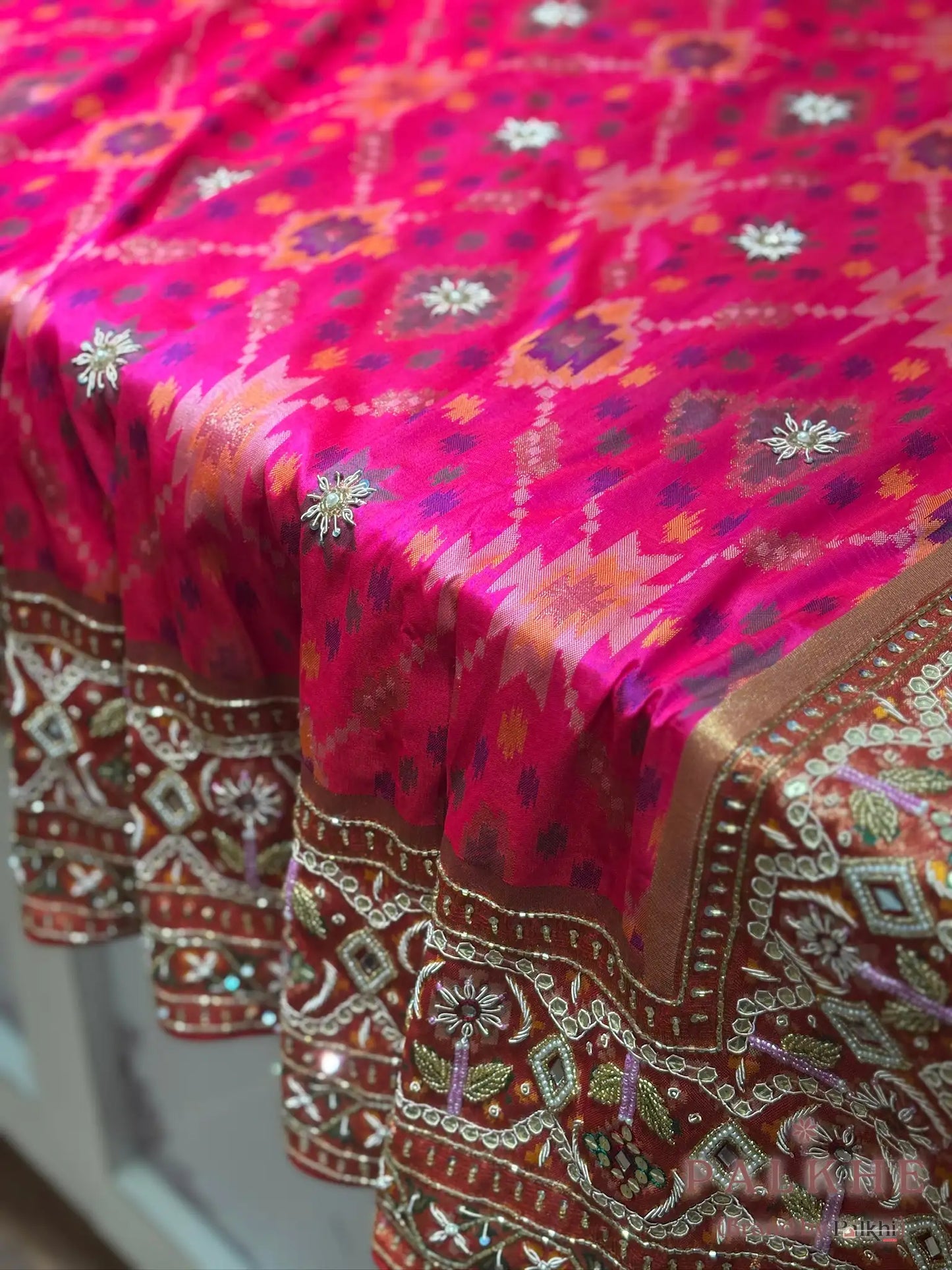 Rani Pink Semi Silk Patola x Hand Embroidery