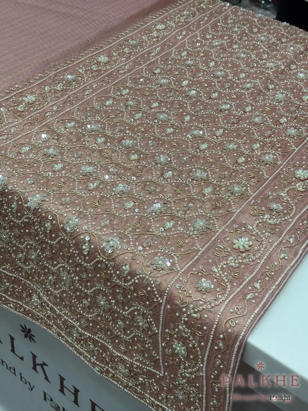 Pink Brocade Tissue x Hand Embroidery