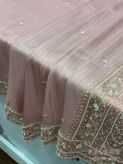 Pink Brocade Tissue x Hand Embroidery