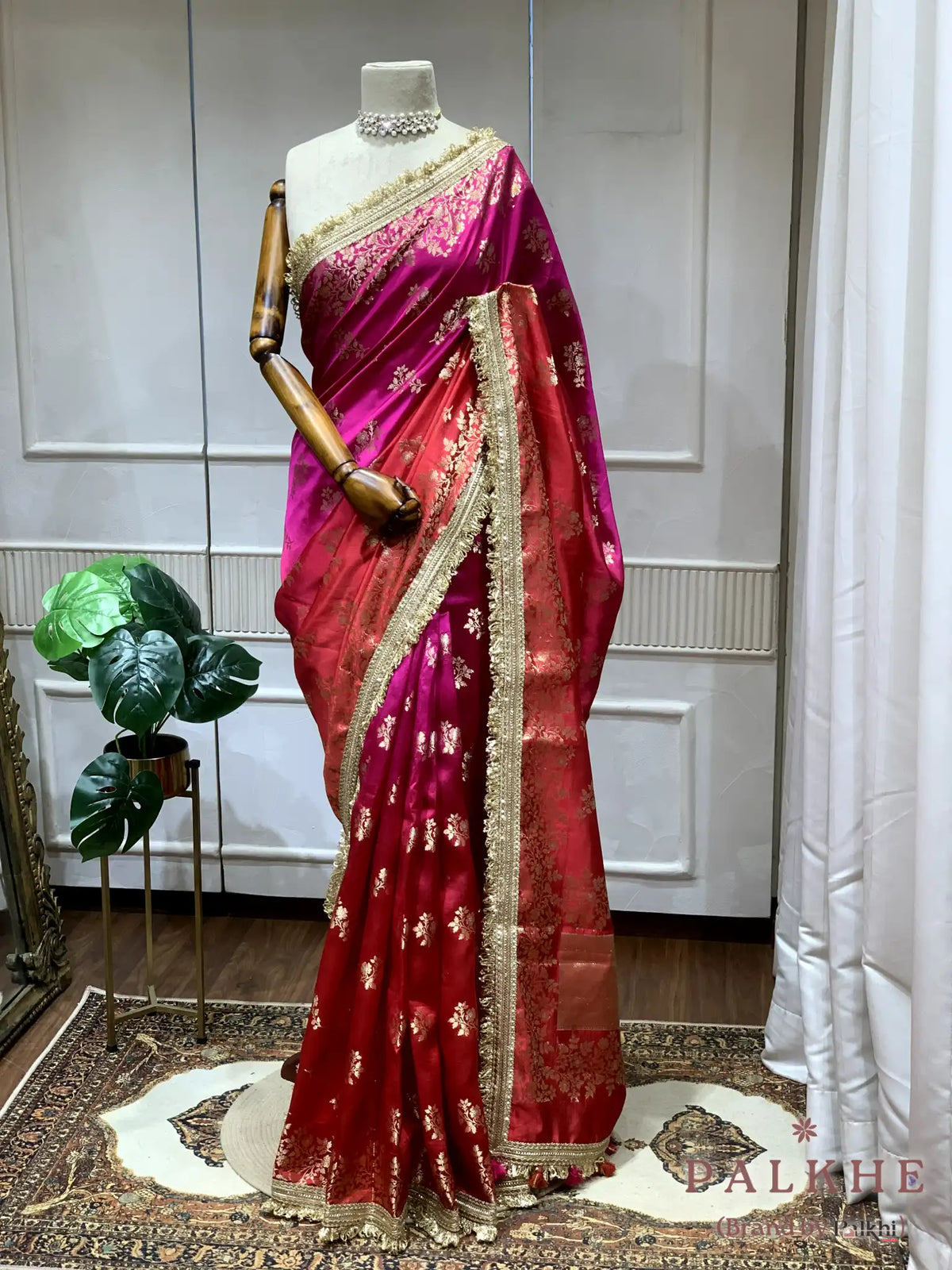 Magenta & Deep Red Floral Jaal Banarasi x Kiran Border (CO96)
