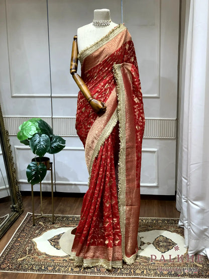 Red Floral Jaal Banarasi x Kiran Border (CO95)