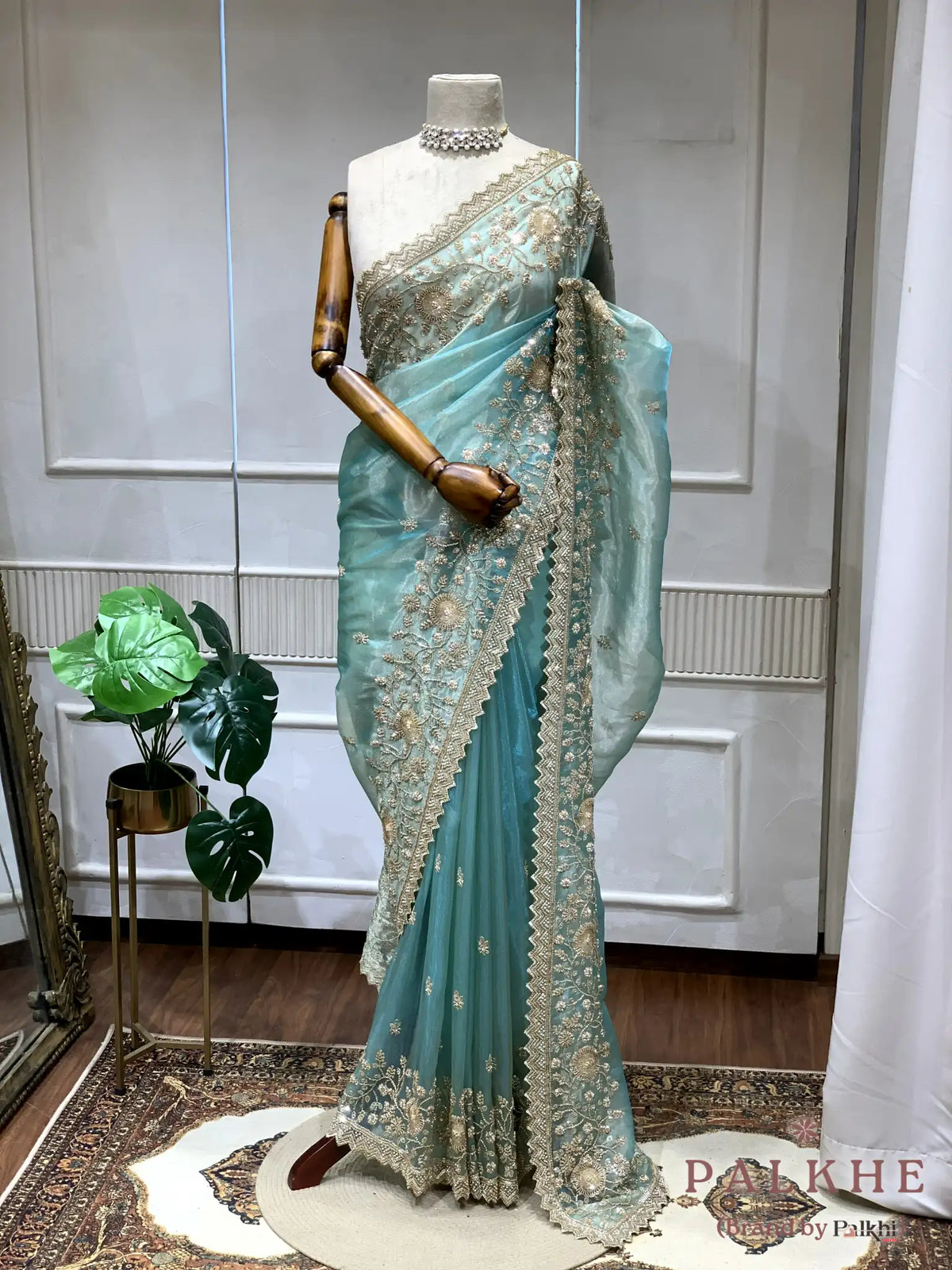 Sea Green Floral Jaal Tissue x Hand Embroidery (CG01)
