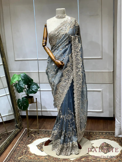 Blue Floral Jaal Tissue x Hand Embroidery (CG01)