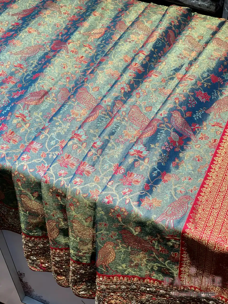 Aqua Blue & Pink Bird & Floral Kanjivaram x Hand Embroidery