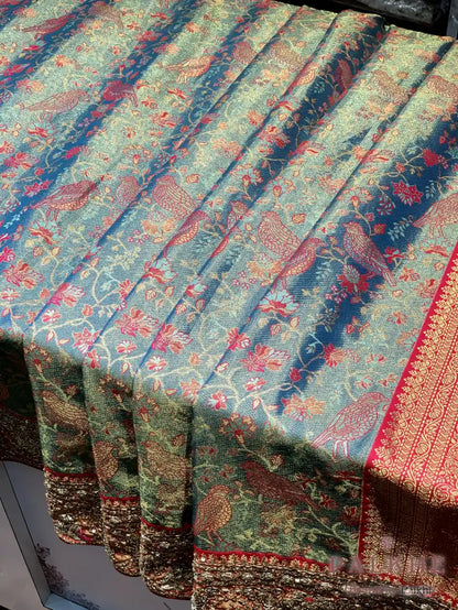 Aqua Blue & Pink Bird & Floral Kanjivaram x Hand Embroidery