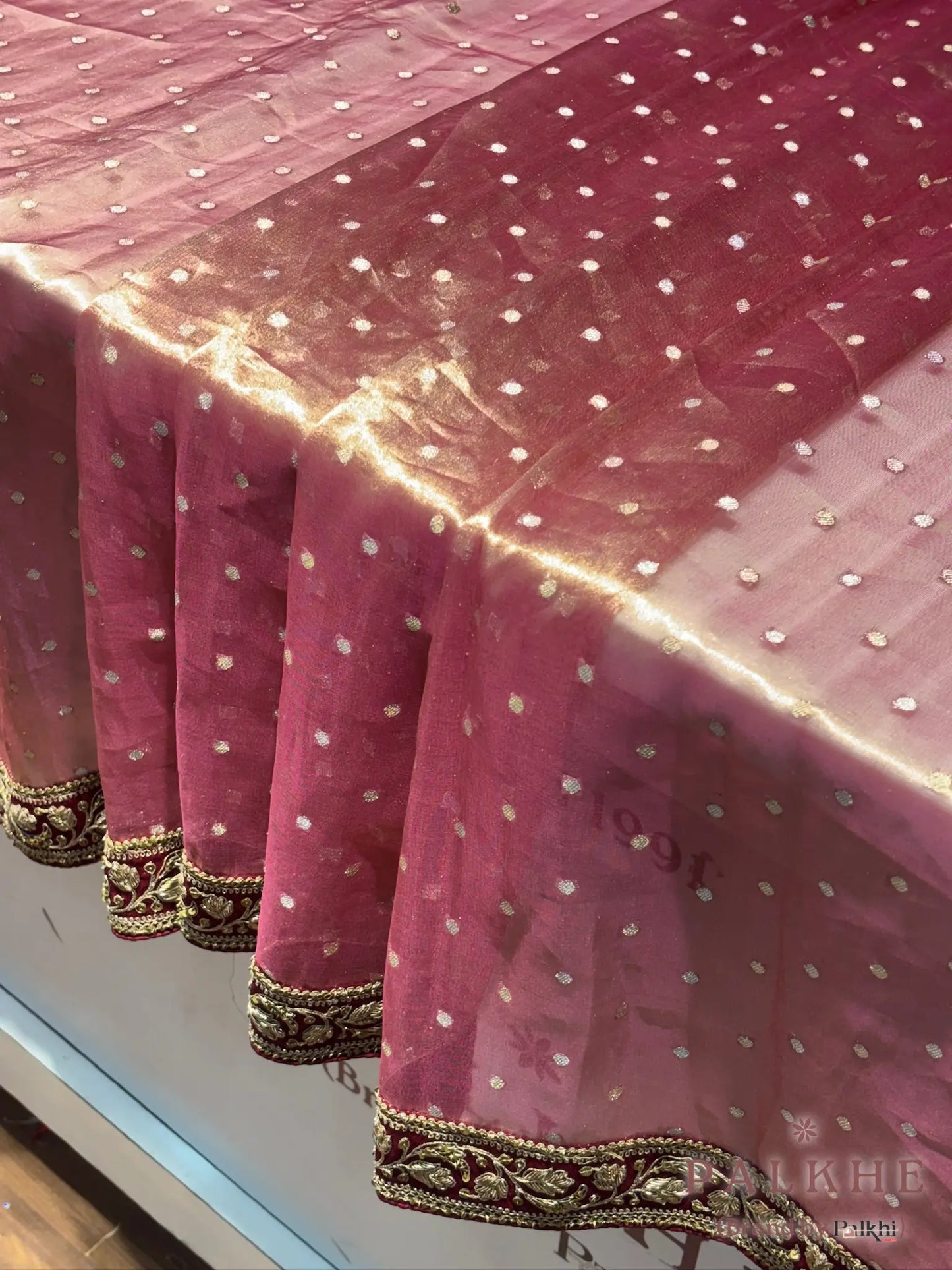 Pink Dots Pure Tissue Silk x Hand Embroidery