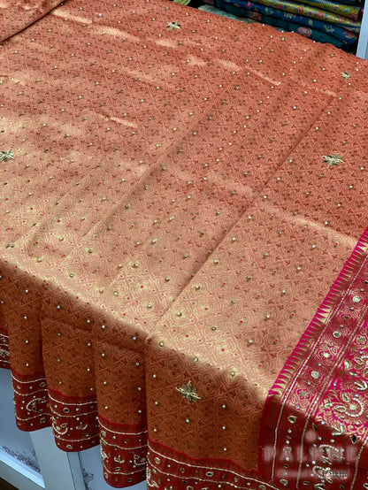 Peach Ornate Paisley Motifs Kanjivaram x Hand Embroidery (CP35)