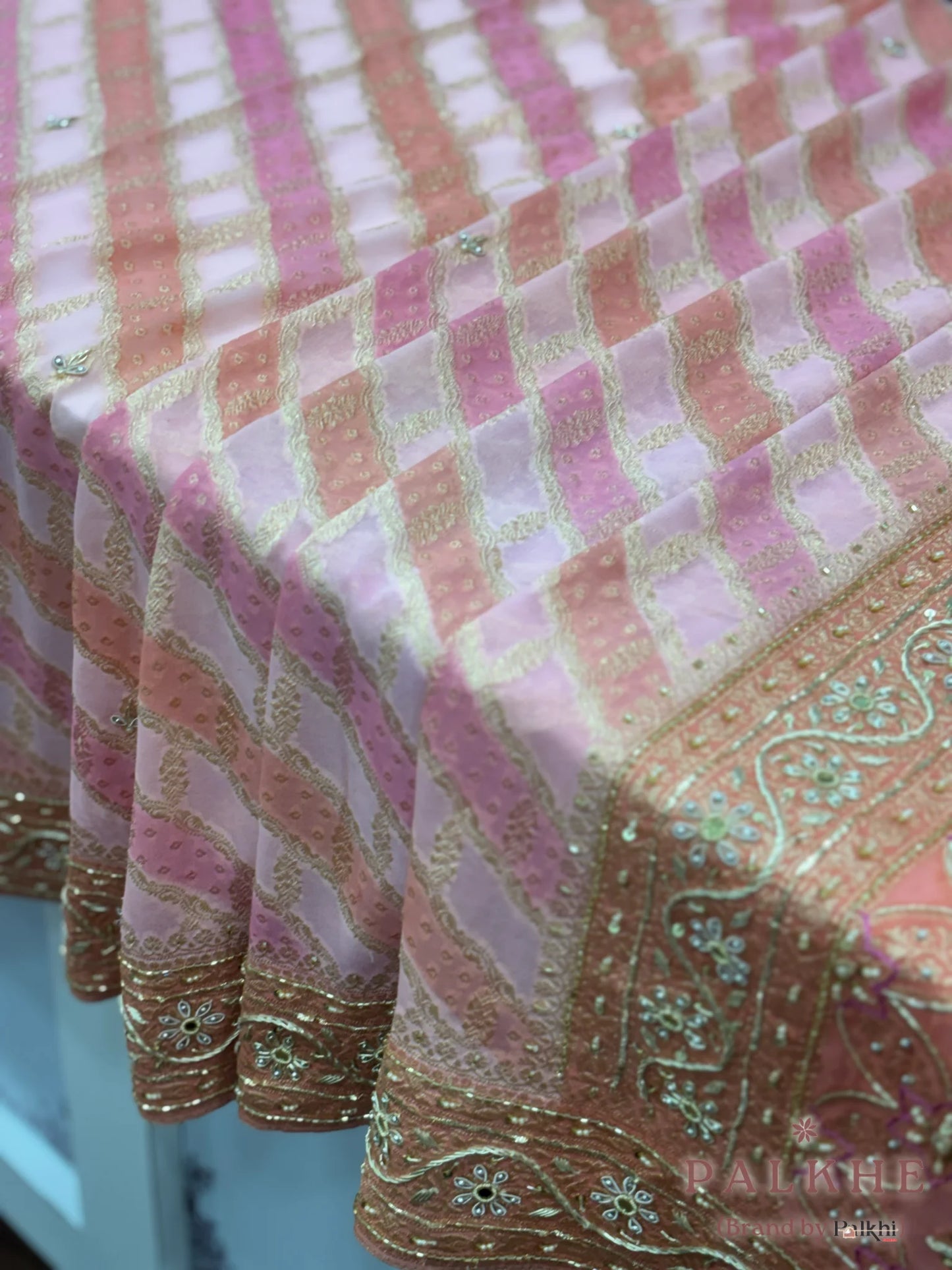 Pink & Peach Stripped Banarasi x Hand Embroidery