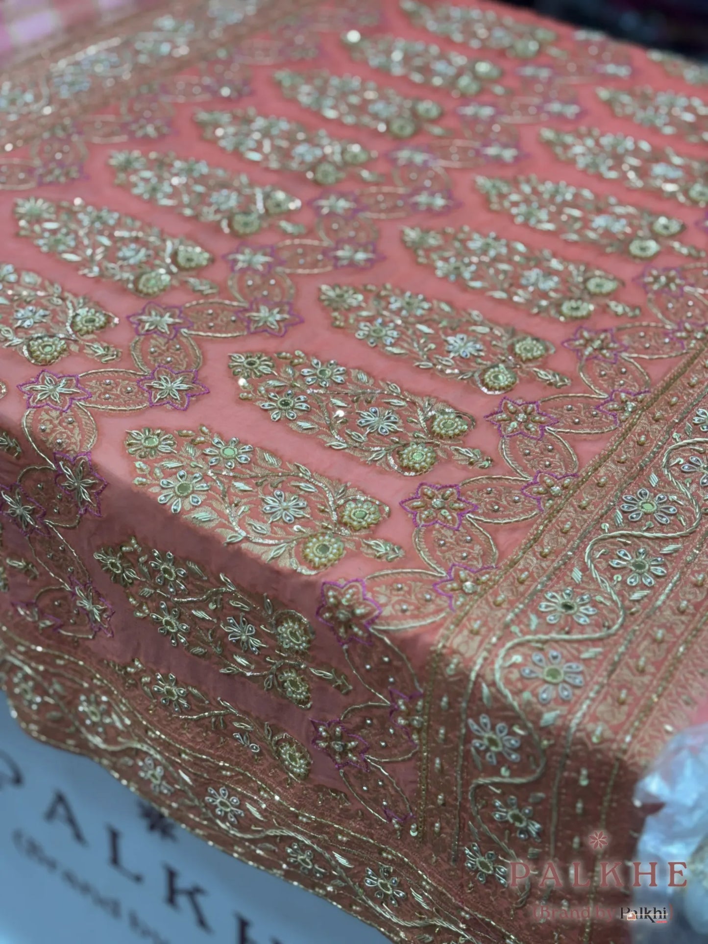 Pink & Peach Stripped Banarasi x Hand Embroidery