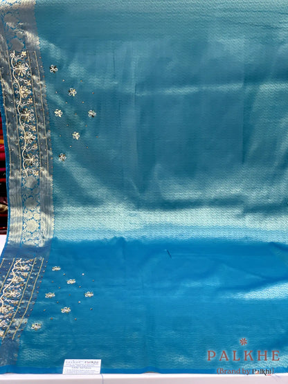 Teal Blue Geometric Kanjivaram x Hand Embroidery (CK56)