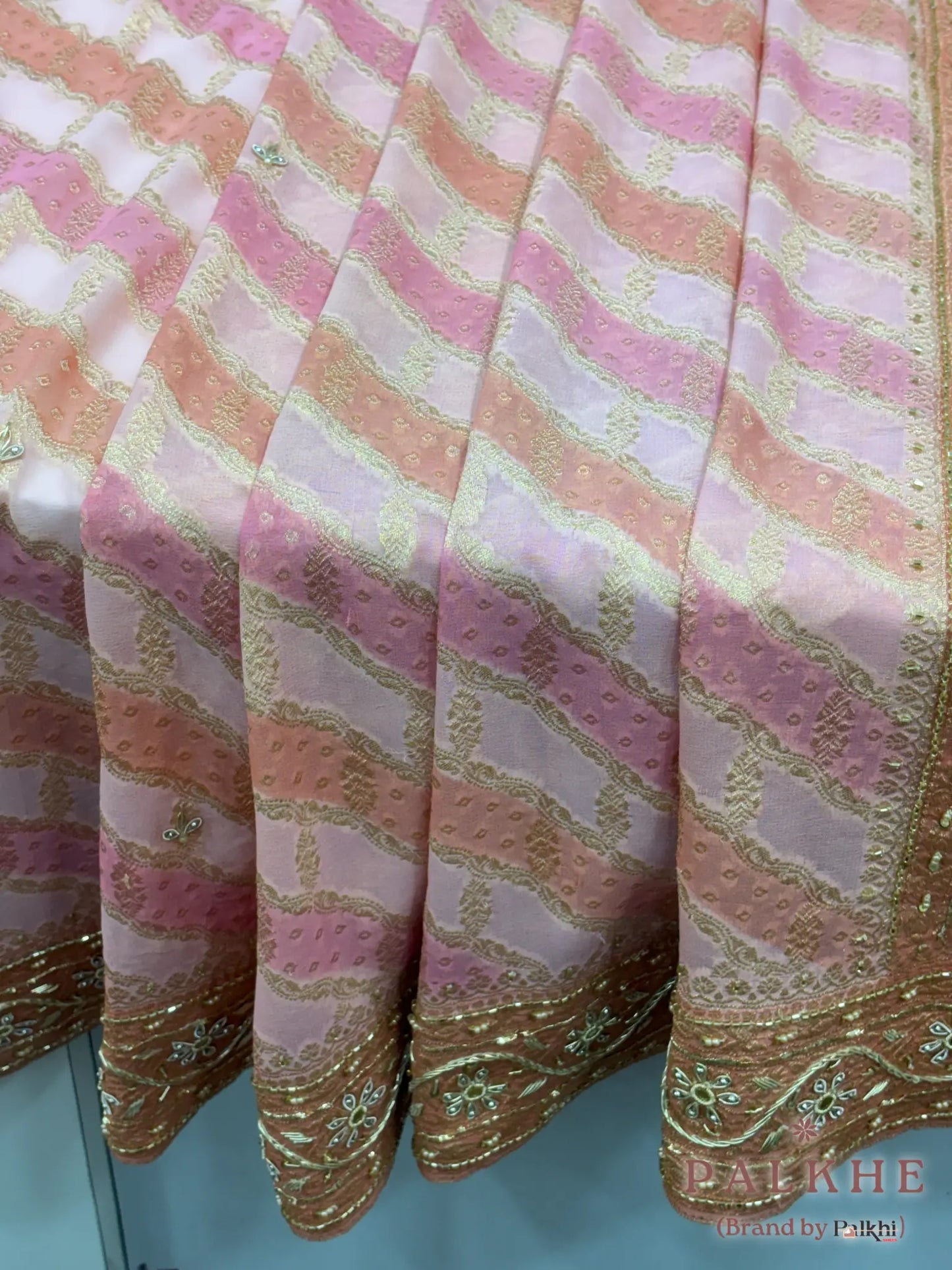Pink & Peach Stripped Banarasi x Hand Embroidery