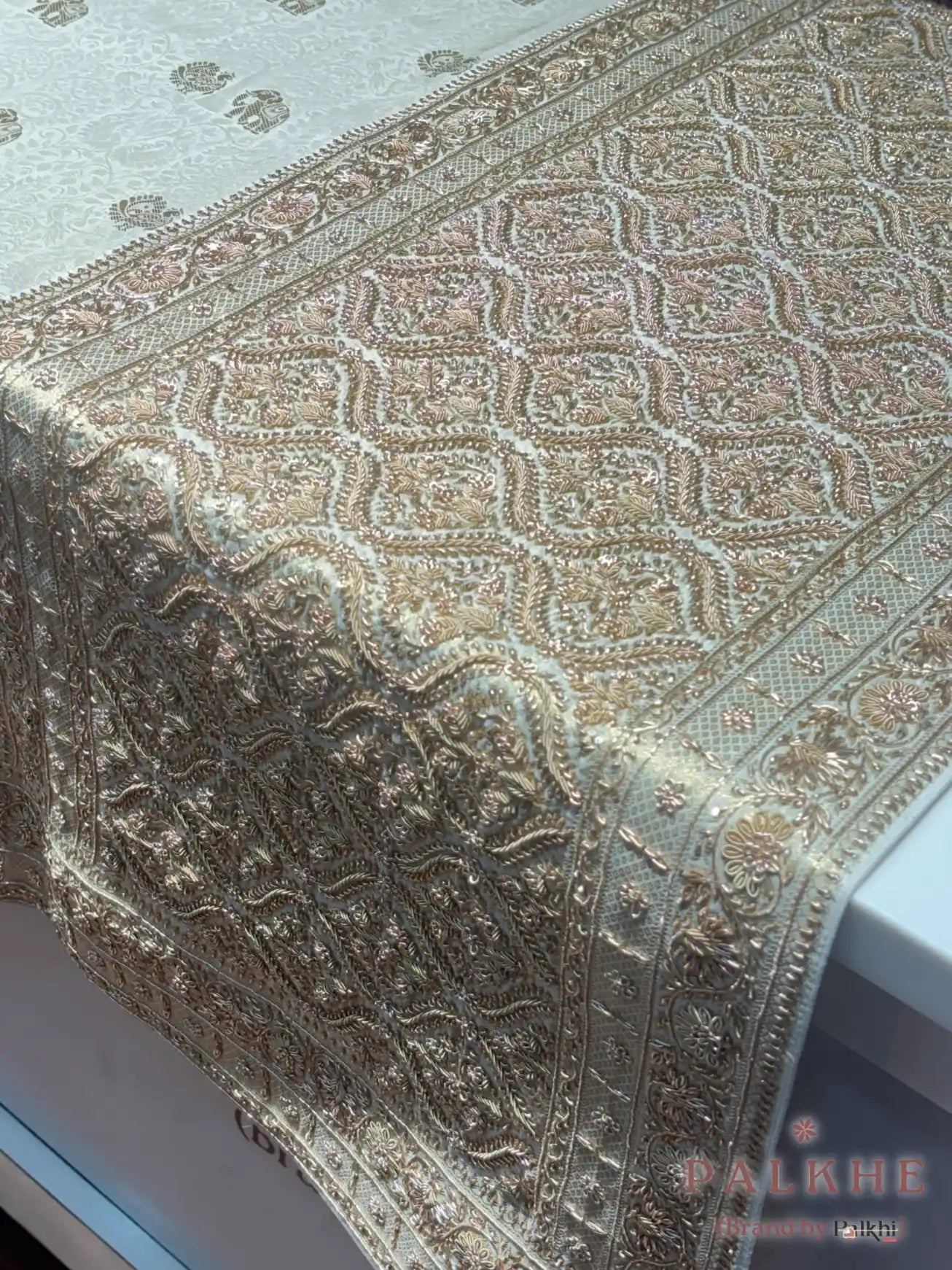 Beige Elephant Motif Banarasi x Hand Embroidery