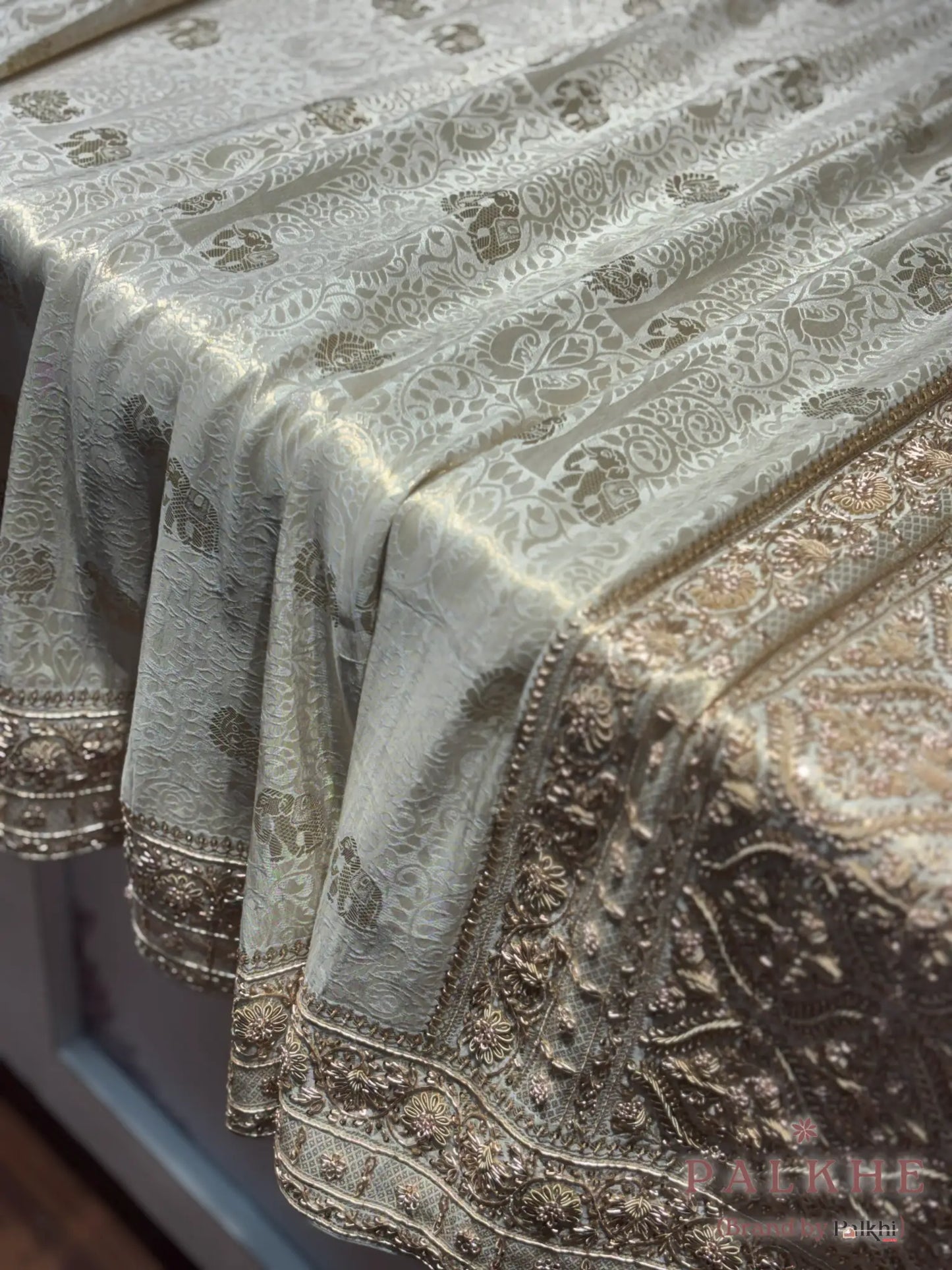 Beige Elephant Motif Banarasi x Hand Embroidery