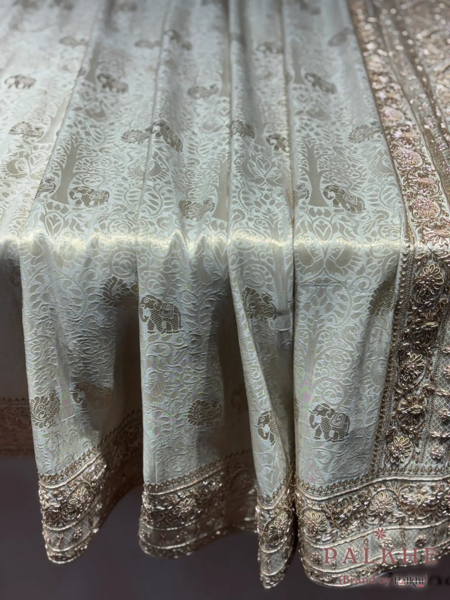 Beige Elephant Motif Banarasi x Hand Embroidery