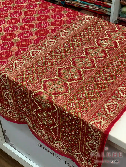 Red & Pink Bandhej x Hand Embroidery (CQ45)