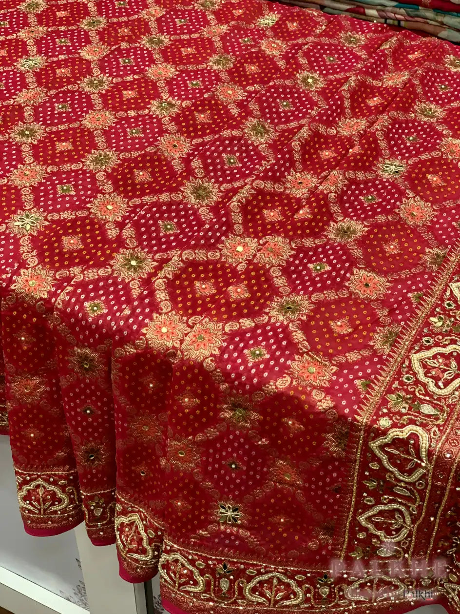 Red & Pink Bandhej x Hand Embroidery (CQ45)