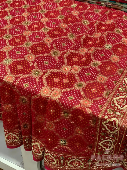 Red & Pink Bandhej x Hand Embroidery (CQ45)