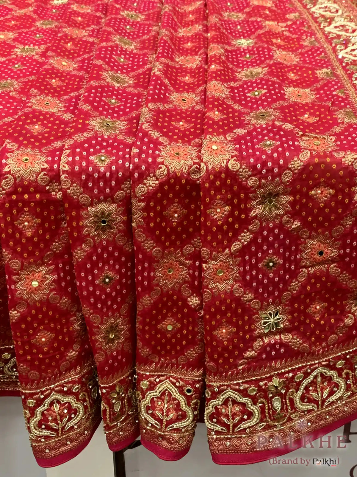 Red & Pink Bandhej x Hand Embroidery (CQ45)