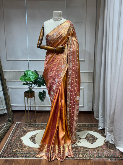 Rust Orange Floral Jaal Kanjivaram x Hand Embroidery