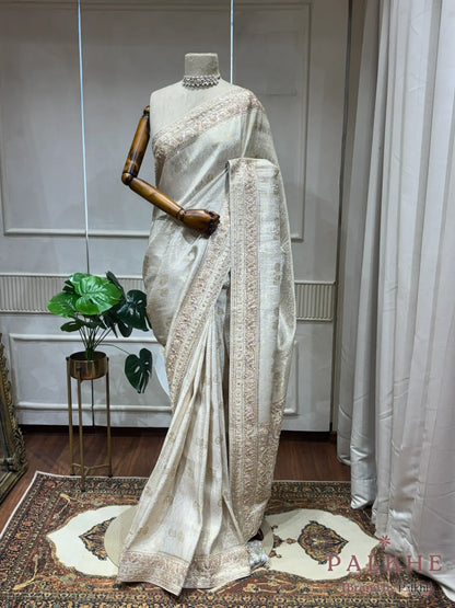 Beige Elephant Motif Banarasi x Hand Embroidery