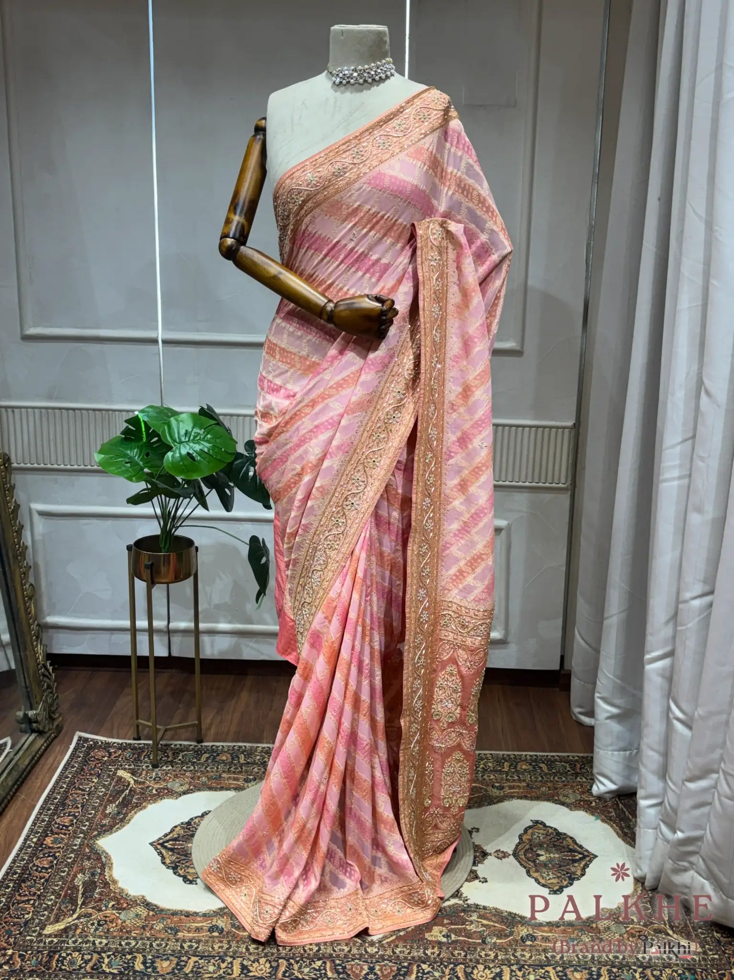 Pink & Peach Stripped Banarasi x Hand Embroidery