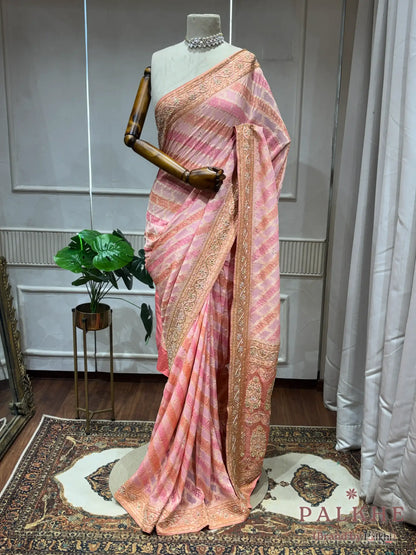 Pink & Peach Stripped Banarasi x Hand Embroidery
