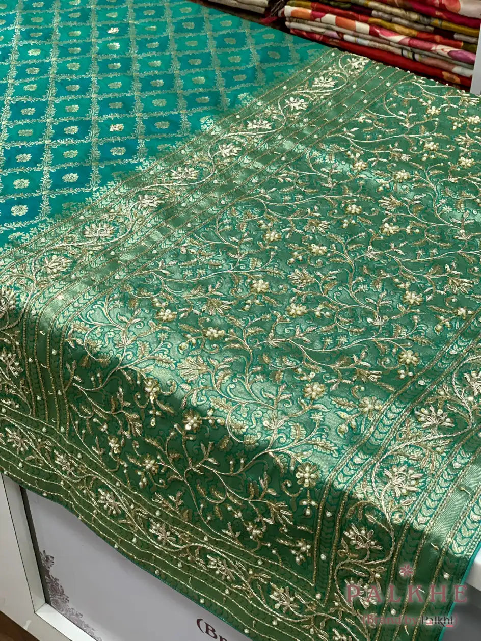 Peacock Green Gold Zari Jaal Banarasi x Hand Embroidery (CL03)