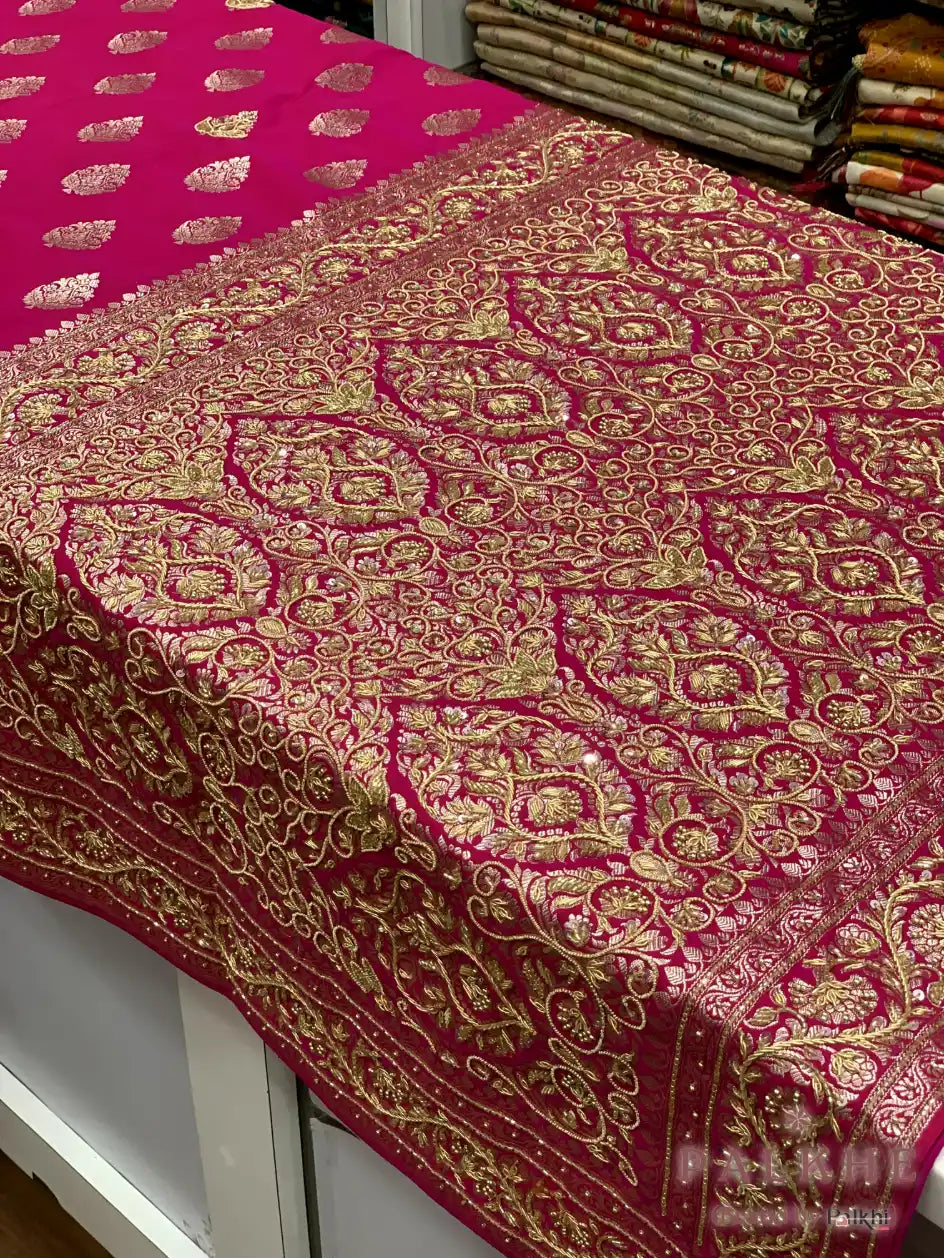 Rani Pink Buttas Banarasi x Hand Embroidery (CB89)