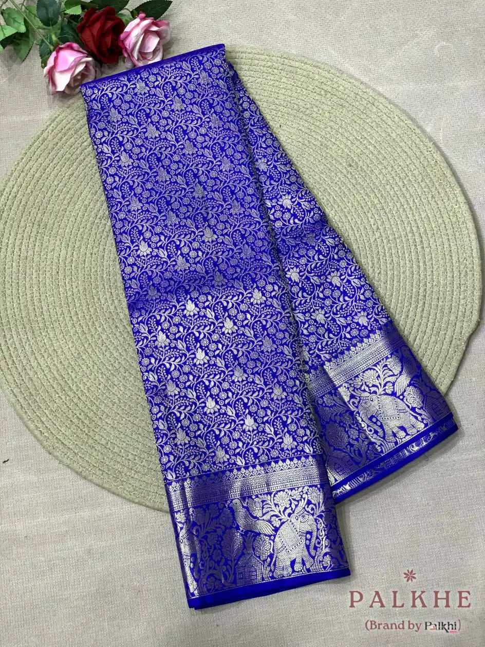 Royal Blue Kanjivaram Floral Jaal in Pure Silk (CR41)
