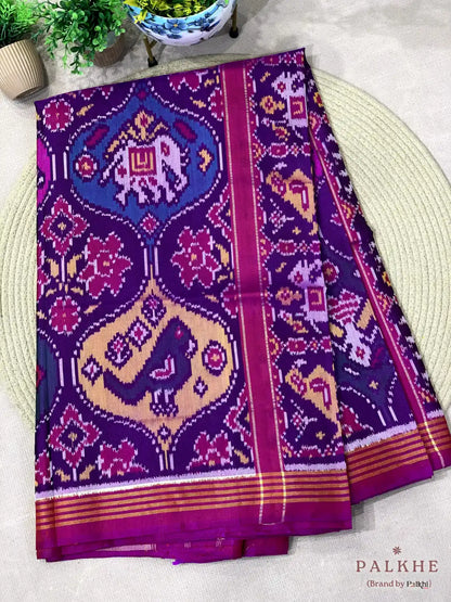Purple and Pink Patola Traditional Motifs in Pure Mulberry Silk