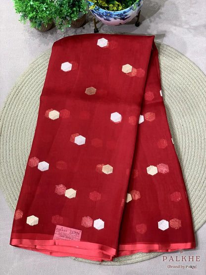 Red Banarasi Buttis in Pure Kora Organza (BT64)