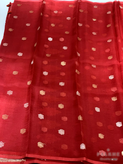 Red Banarasi Buttis in Pure Kora Organza (BT64)