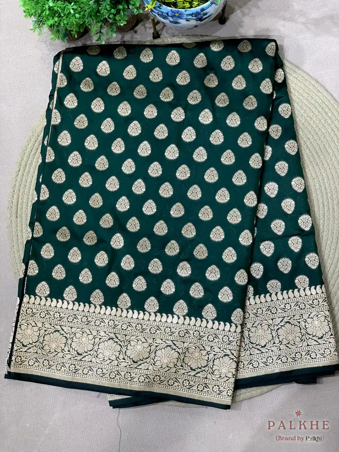 Bottle Green Banarasi Buttas in Pure Silk (CQ36)