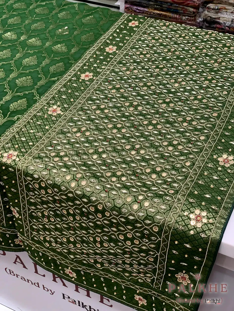 Bottle Green Jaal Banarasi x Hand Embroidery (BN22)