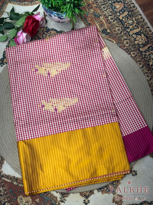 Red Banarasi Gingham Checks in Pure Mashru Silk (CR08)