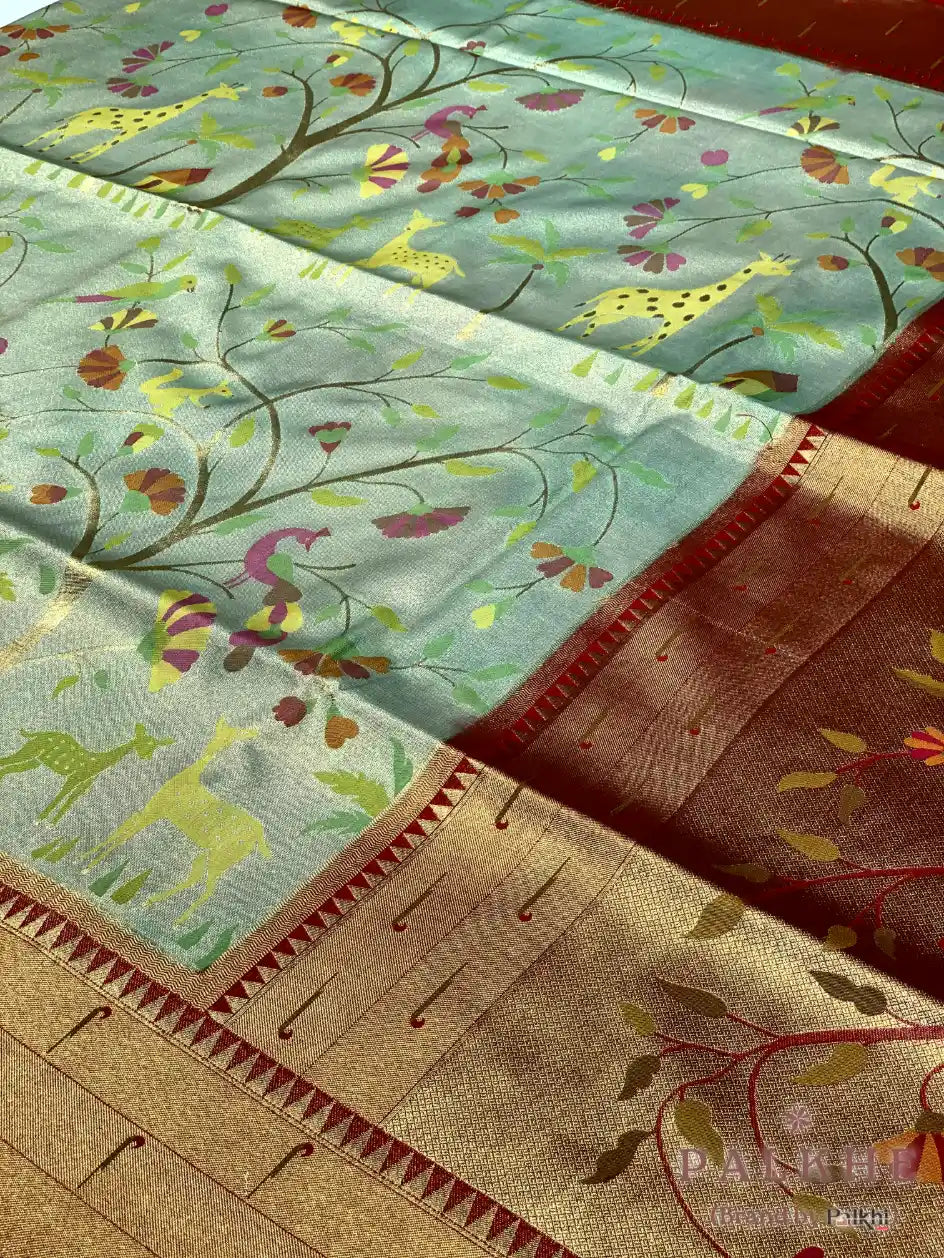 Aqua Blue Paithani Shikargah in Pure Silk (CO26)