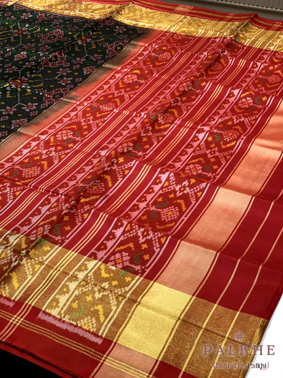 Bottle Green Patola Geometric in Pure Patola Silk (BE79)