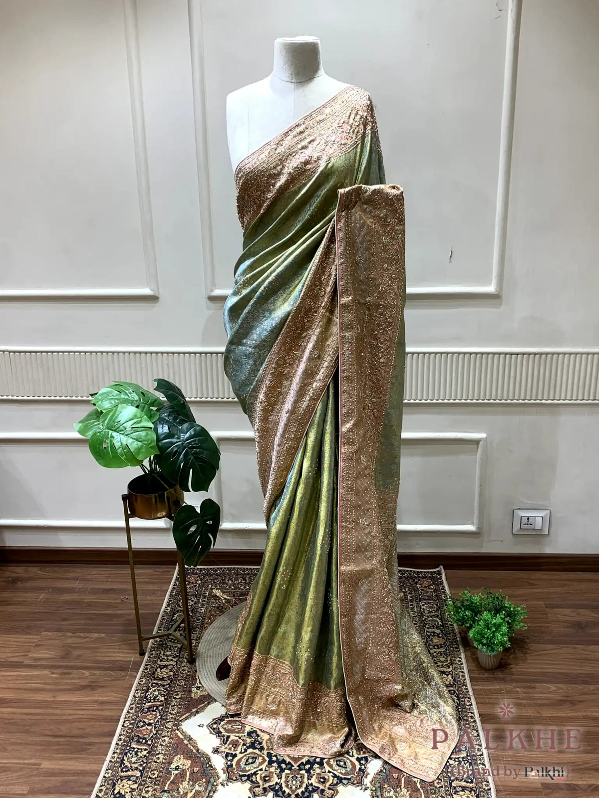 Sage Green & Baby Pink Floral Kanjivaram x Hand Embroidery
