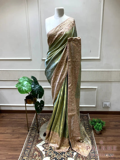 Sage Green & Baby Pink Floral Kanjivaram x Hand Embroidery