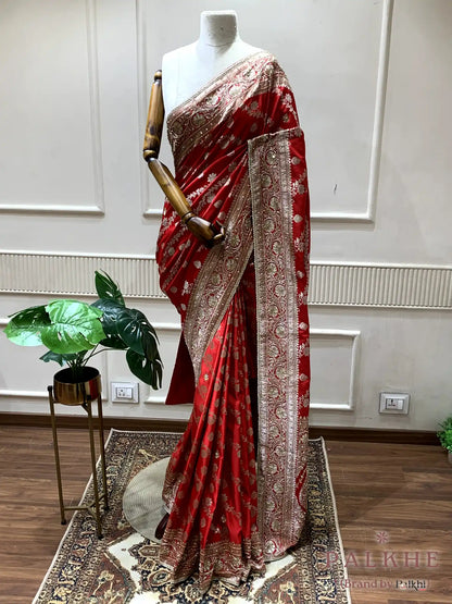 Red Floral Jaal Banarasi x Hand Embroidery (CO77)