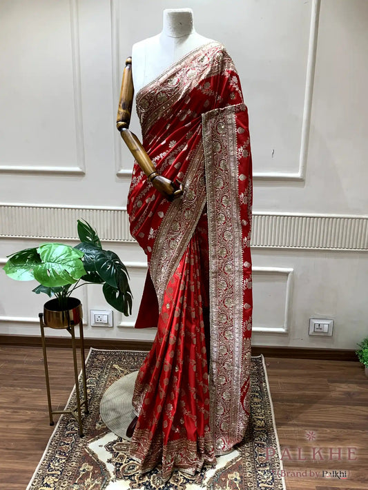 Red Floral Jaal Banarasi x Hand Embroidery (CO77)