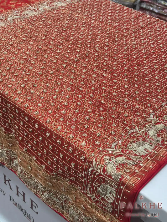 Red Floral Jaal Kanjivaram x Hand Embroidery