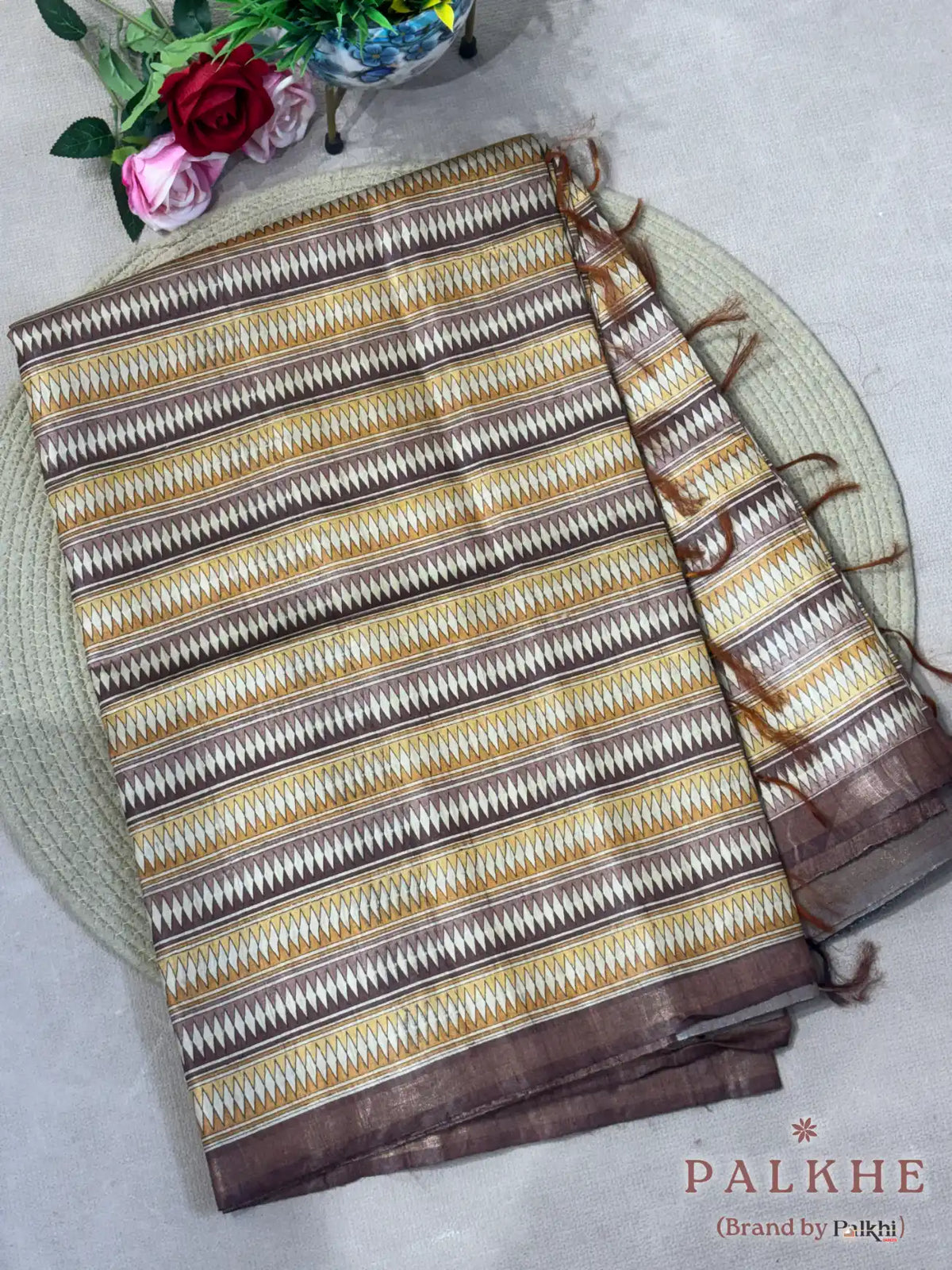 Mustard Yellow & Brown Tussar Striped in Silk (BT03)